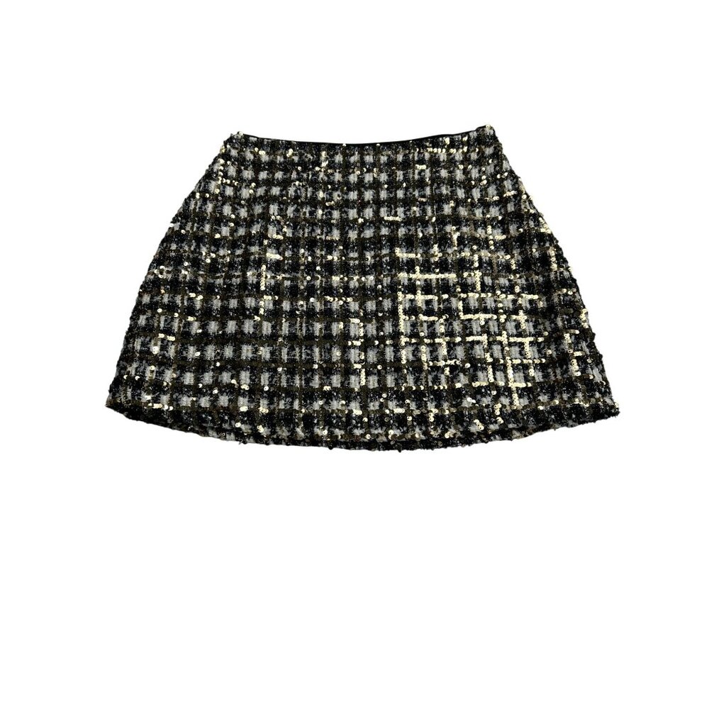 Lulus Black & Gold Sequin Plaid Mini Skirt M Side Zip Polyester Rayon - Picture 3 of 10
